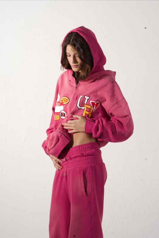 “HELLO” PINK DOUBLE HOOD ZIP UP